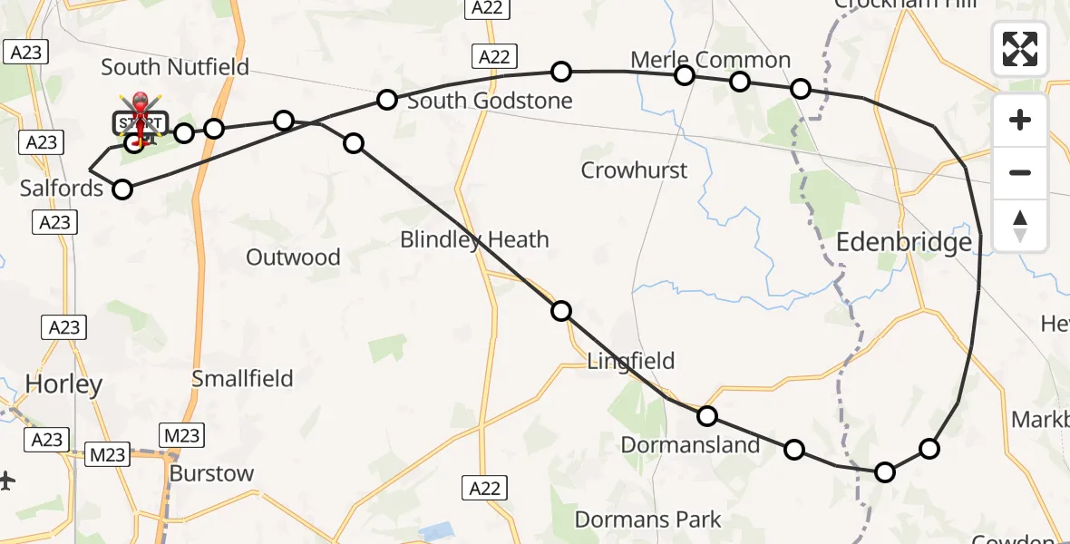 Flight path map showing Air Ambulance Helicopter route from Redhill Aerodrome to Redhill Aerodrome