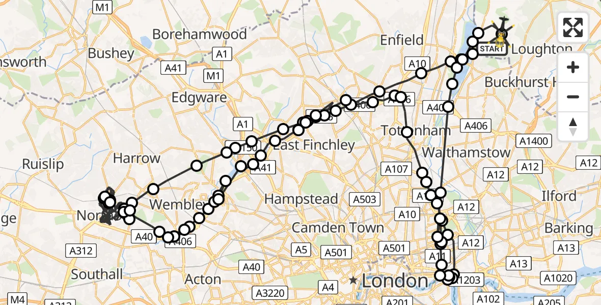 Flight path map showing Police Helicopter route from Chingford to Sewardstonebury