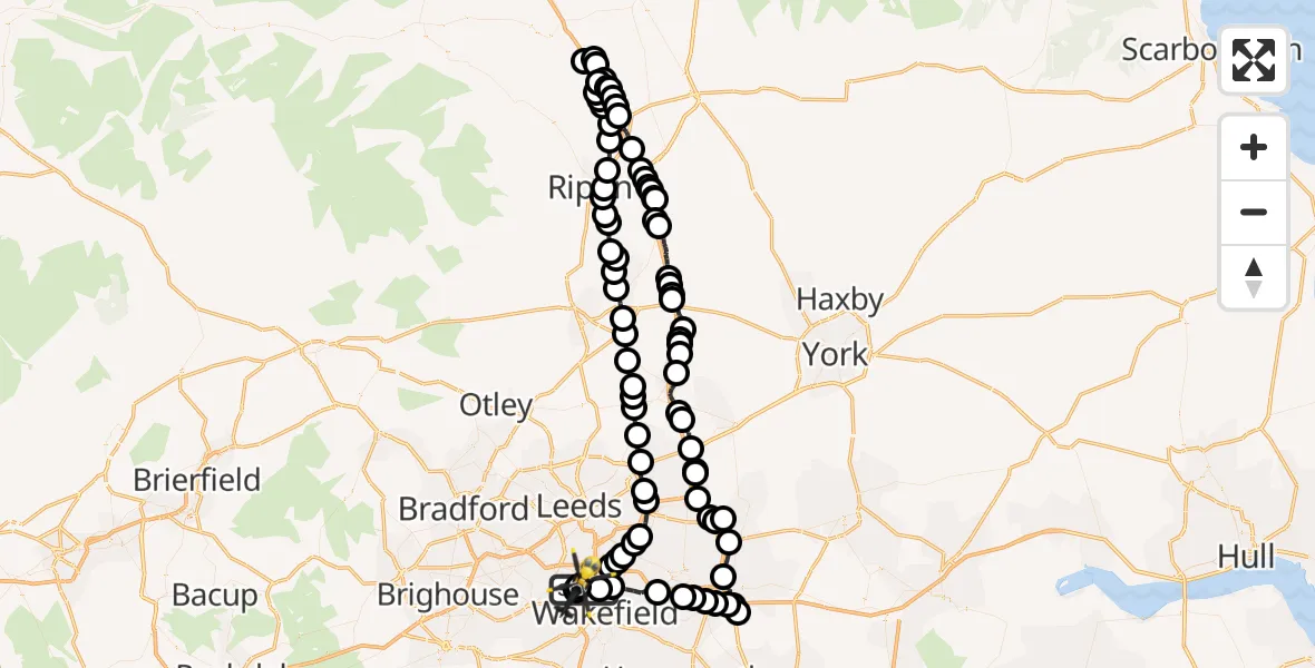 Flight path map showing Police Helicopter route from Brandy Carr to Wrenthorpe