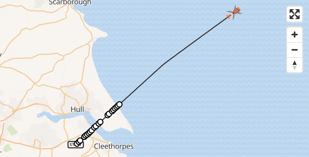 Flight path map showing Coastguard Helicopter route from Humberside Airport to North Sea