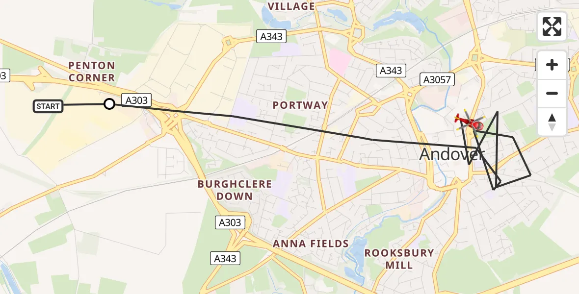 Flight path map showing Air Ambulance Helicopter route from Penton Mewsey to Andover