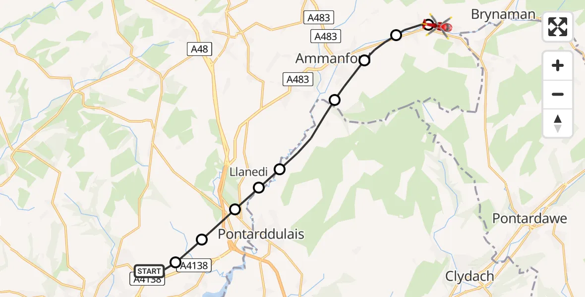 Flight path map showing Air Ambulance Helicopter route from Dafen to Brynaman