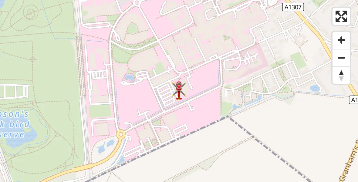 Flight path map showing Air Ambulance Helicopter route from Papworth Hospital to Papworth Hospital