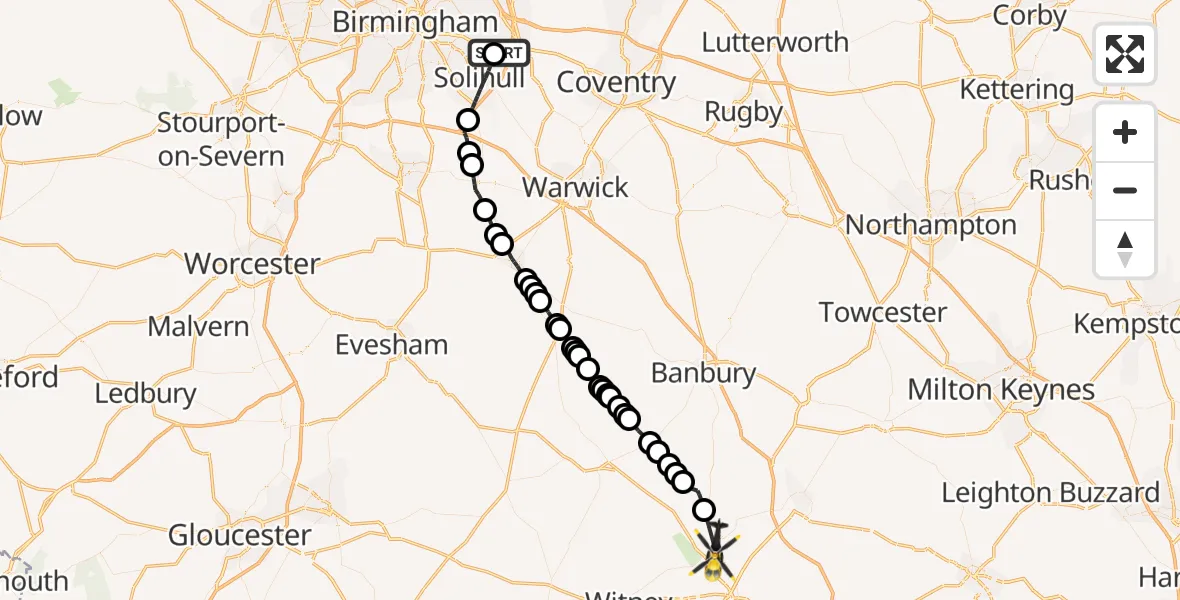Flight path map showing Police Helicopter route from Birmingham Airport to Shipton-on-Cherwell