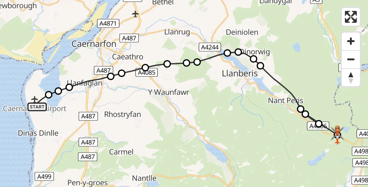 Flight path map showing Coastguard Helicopter route from Caernarfon Airport to Llanberis
