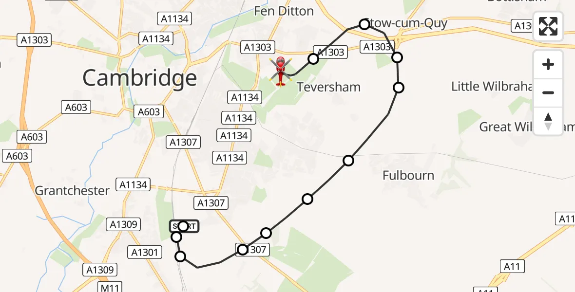Flight path map showing Air Ambulance Helicopter route from Papworth Hospital to Cambridge City Airport