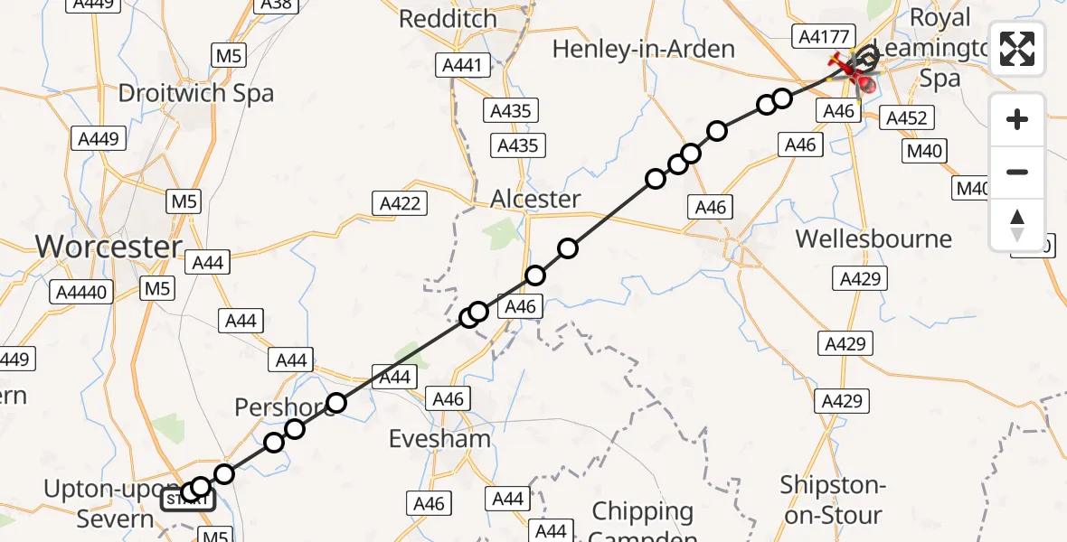 Flight path map showing Air Ambulance Helicopter route from Hill Croome to Warwick