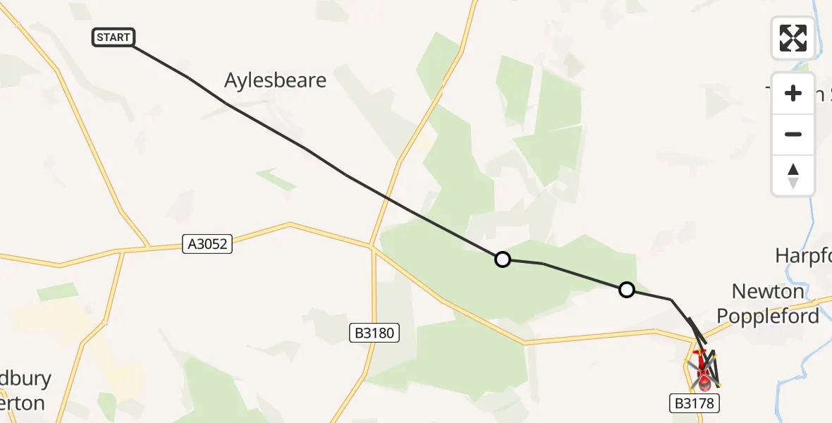 Flight path map showing Air Ambulance Helicopter route from Aylesbeare to Newton Poppleford