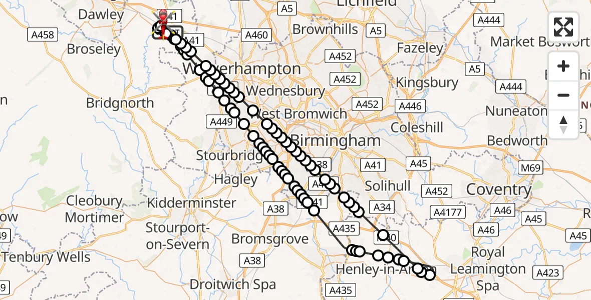 Flight path map showing Air Ambulance Helicopter route from RAF Cosford to Cosford