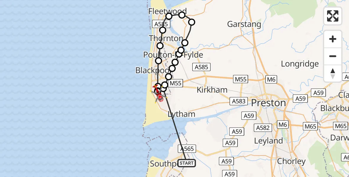 Flight path map showing Air Ambulance Helicopter route from West Lancashire to Blackpool Airport