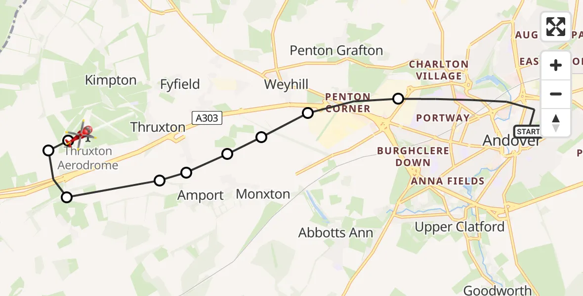 Flight path map showing Air Ambulance Helicopter route from Andover to Thruxton Aerodrome
