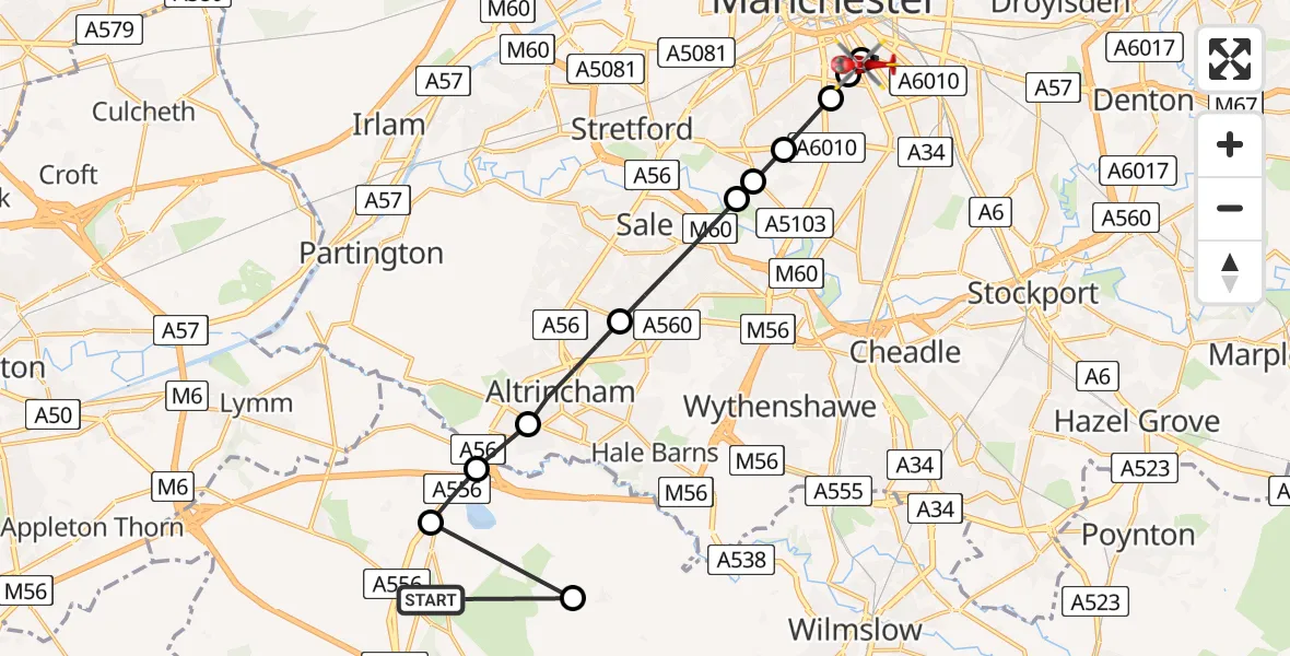 Flight path map showing Air Ambulance Helicopter route from Mere to City Centre