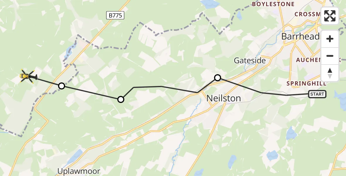 Flight path map showing Police Helicopter route from Barrhead to Renfrewshire