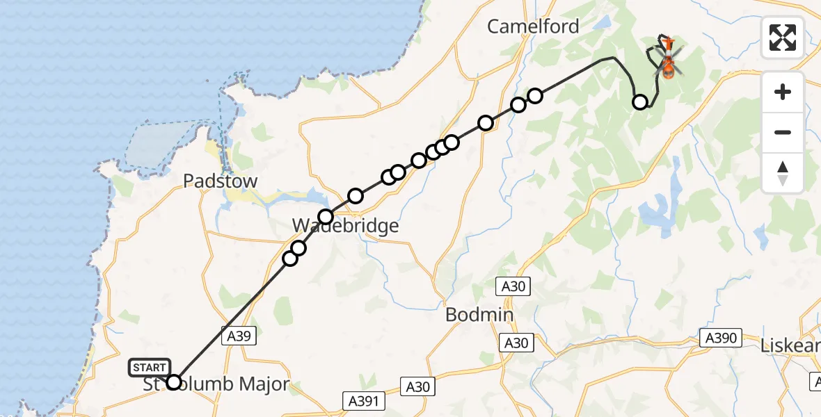 Flight path map showing Coastguard Helicopter route from Cornwall Airport Newquay to Altarnun