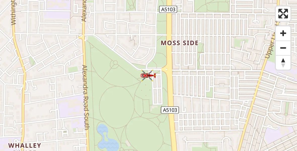 Flight path map showing Air Ambulance Helicopter route from Moss Side to Moss Side