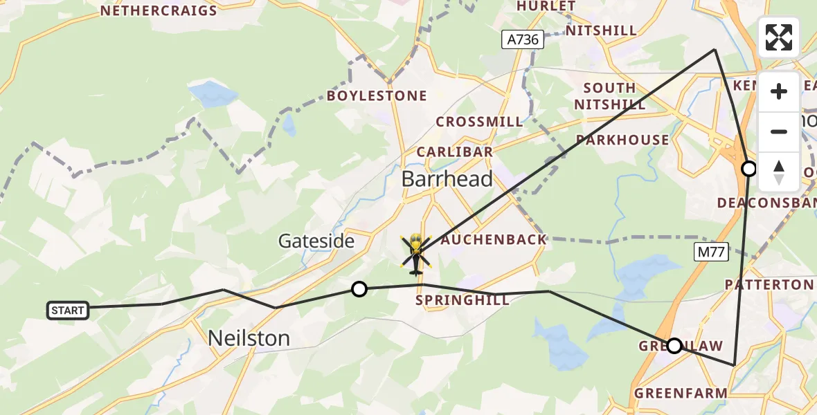 Flight path map showing Police Helicopter route from Neilston to Barrhead