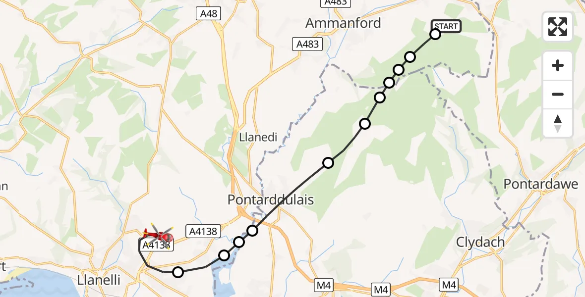 Flight path map showing Air Ambulance Helicopter route from Glanamman to Dafen