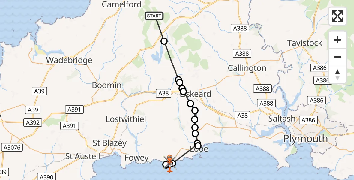 Flight path map showing Coastguard Helicopter route from Altarnun to Lansallos