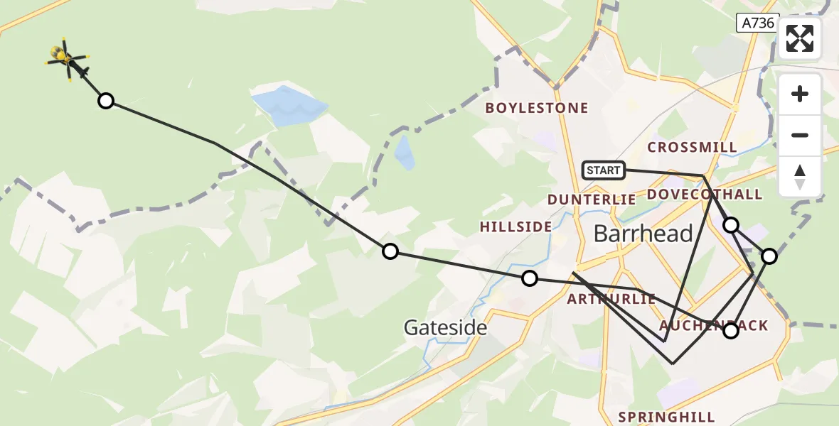 Flight path map showing Police Helicopter route from Barrhead to Elderslie