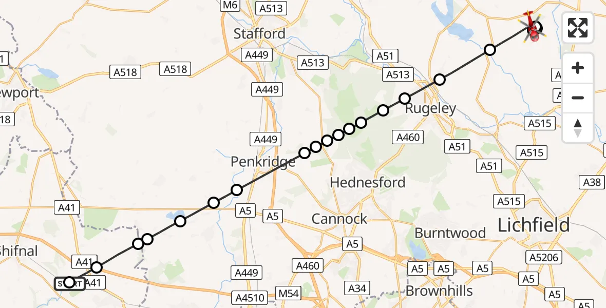 Flight path map showing Air Ambulance Helicopter route from RAF Cosford to Abbots Bromley
