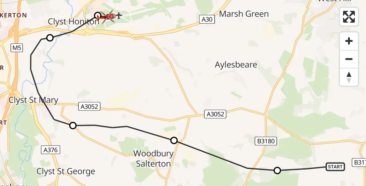 Flight path map showing Air Ambulance Helicopter route from Colaton Raleigh to Exeter International Airport