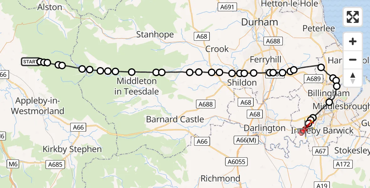 Flight path map showing Air Ambulance Helicopter route from Culgaith to Egglescliffe