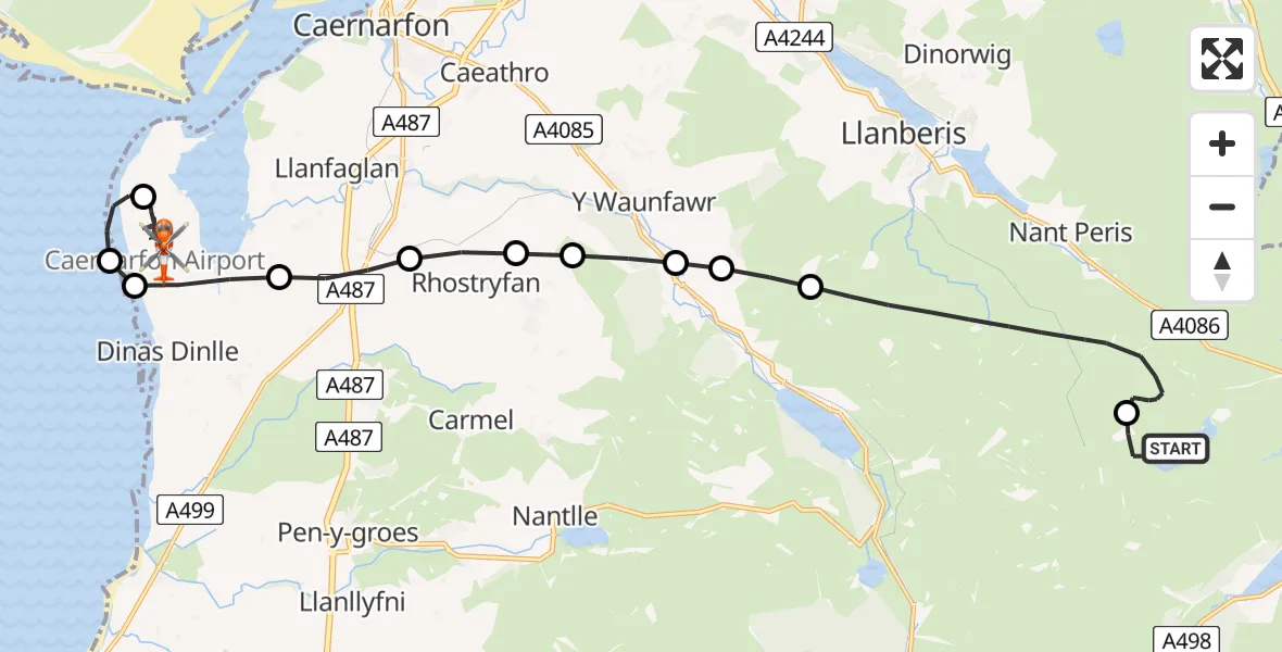 Flight path map showing Coastguard Helicopter route from Beddgelert to Caernarfon Airport