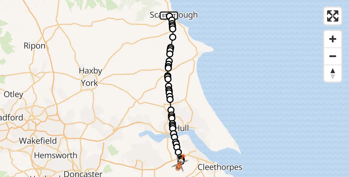 Flight path map showing Coastguard Helicopter route from Newby to Humberside Airport