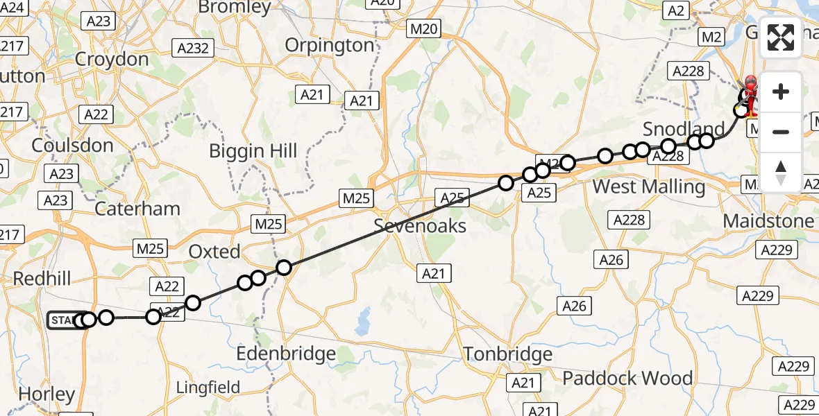 Flight path map showing Air Ambulance Helicopter route from Redhill Aerodrome to Rochester Airport