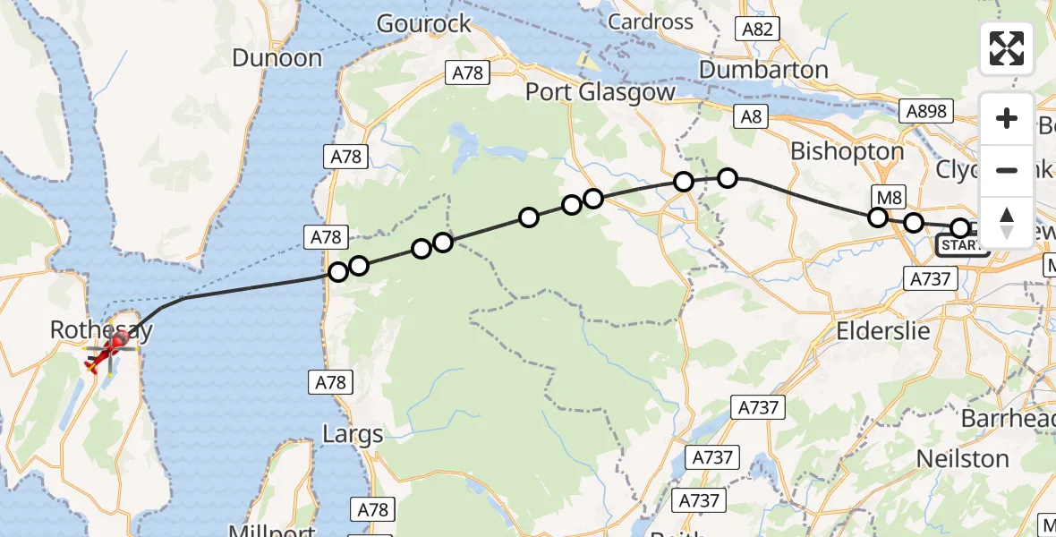 Flight path map showing Air Ambulance Helicopter route from Glasgow Airport to Inner Seas