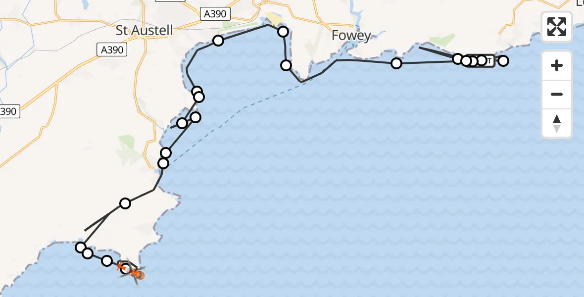 Flight path map showing Coastguard Helicopter route from Polperro to Gorran Haven