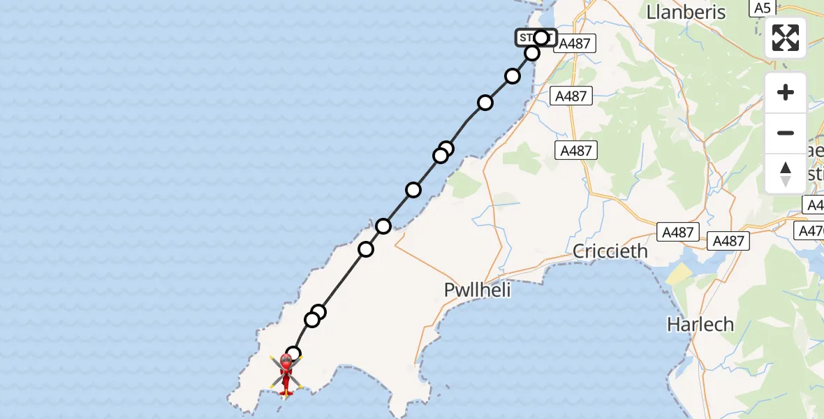 Flight path map showing Air Ambulance Helicopter route from Caernarfon Airport to Aberdaron