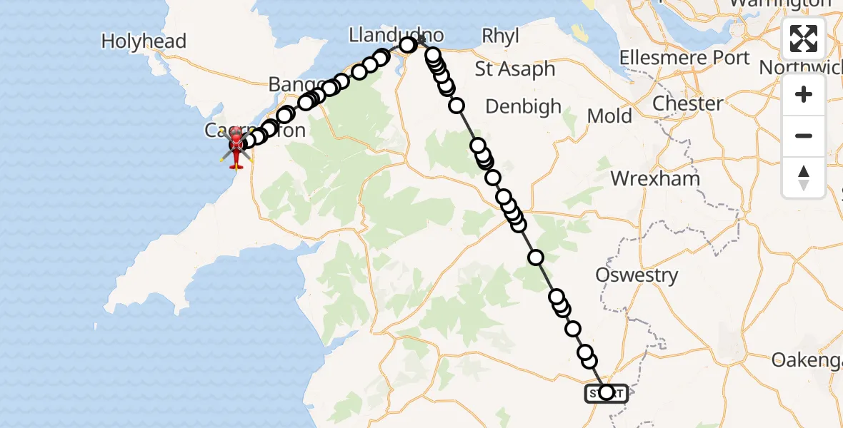 Flight path map showing Air Ambulance Helicopter route from Welshpool Airport to Caernarfon Airport