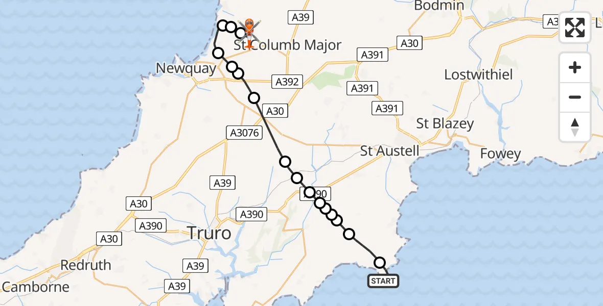 Flight path map showing Coastguard Helicopter route from Gorran Haven to Cornwall Airport Newquay