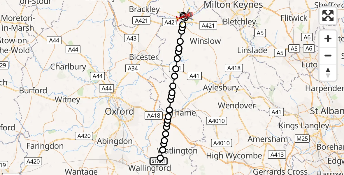 Flight path map showing Air Ambulance Helicopter route from RAF Benson to Maids Moreton