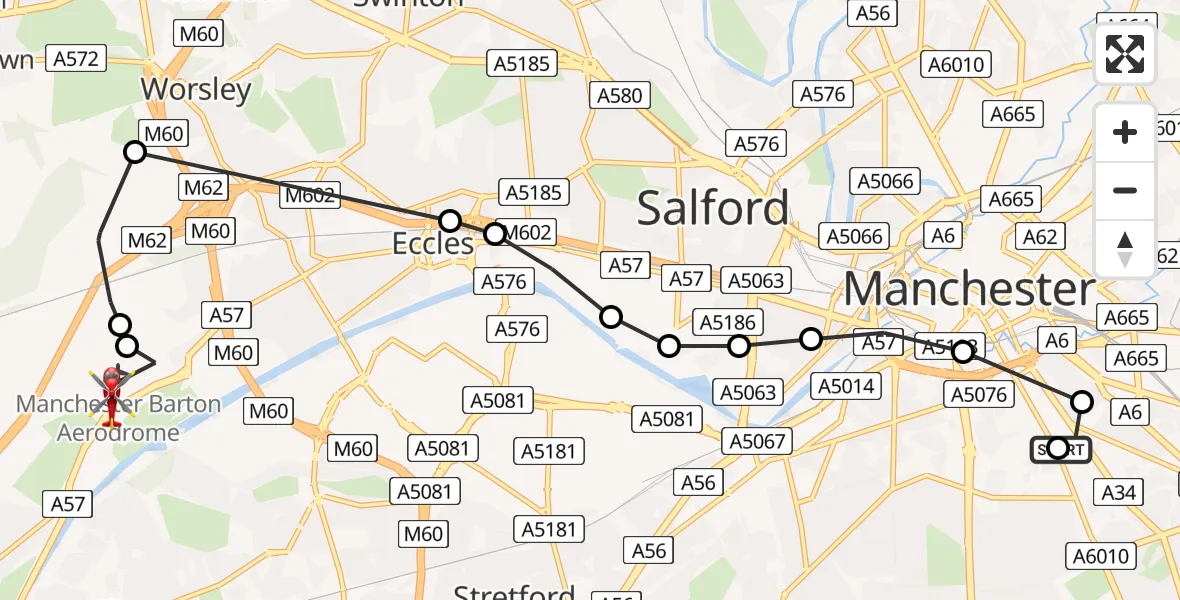 Flight path map showing Air Ambulance Helicopter route from Ardwick to Manchester Barton Aerodrome