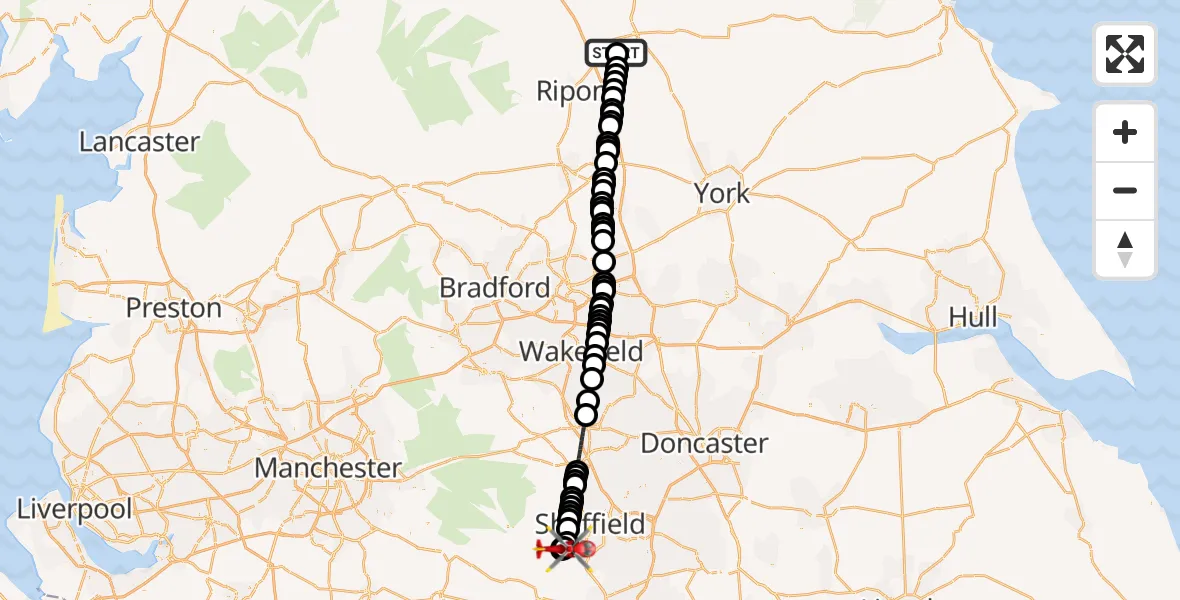 Flight path map showing Air Ambulance Helicopter route from RAF Topcliffe to Whirlow