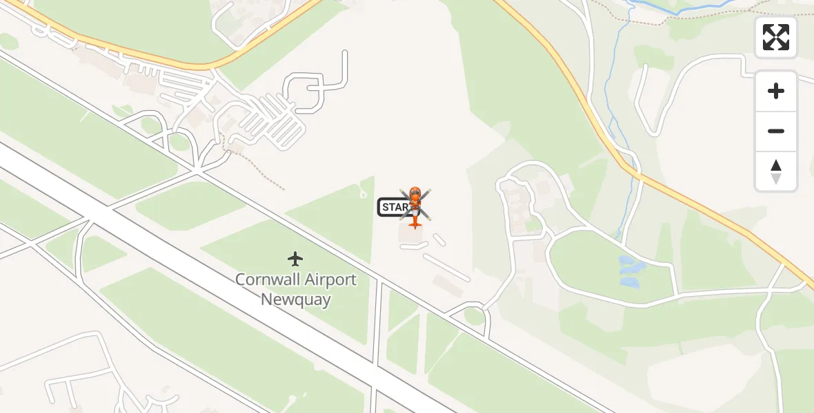 Flight path map showing Coastguard Helicopter route from Cornwall Airport Newquay to Cornwall Airport Newquay