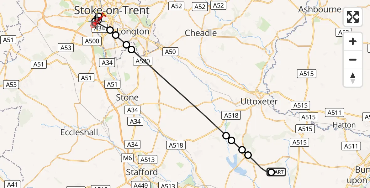 Flight path map showing Air Ambulance Helicopter route from East Staffordshire to University Hospital North Staffs