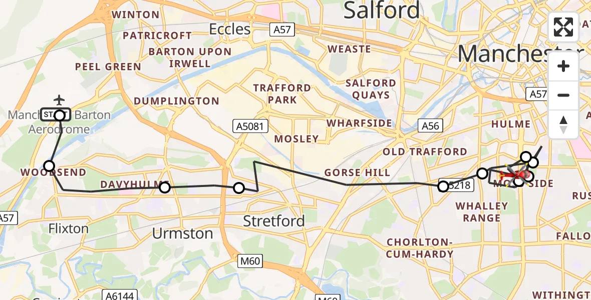 Flight path map showing Air Ambulance Helicopter route from Manchester Barton Aerodrome to Moss Side