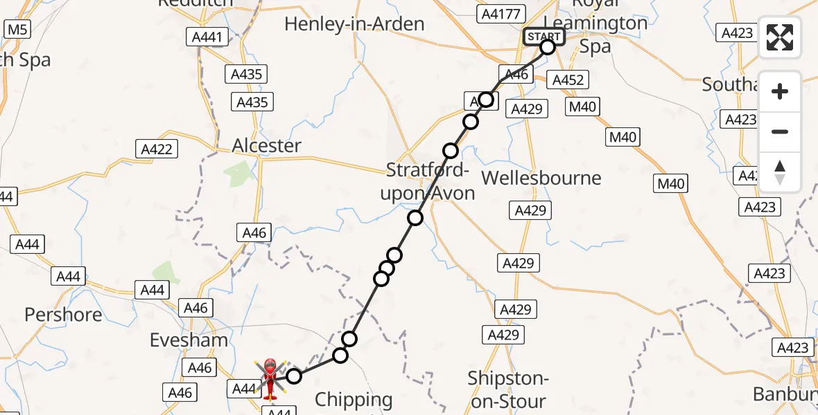 Flight path map showing Air Ambulance Helicopter route from Warwick to Willersey