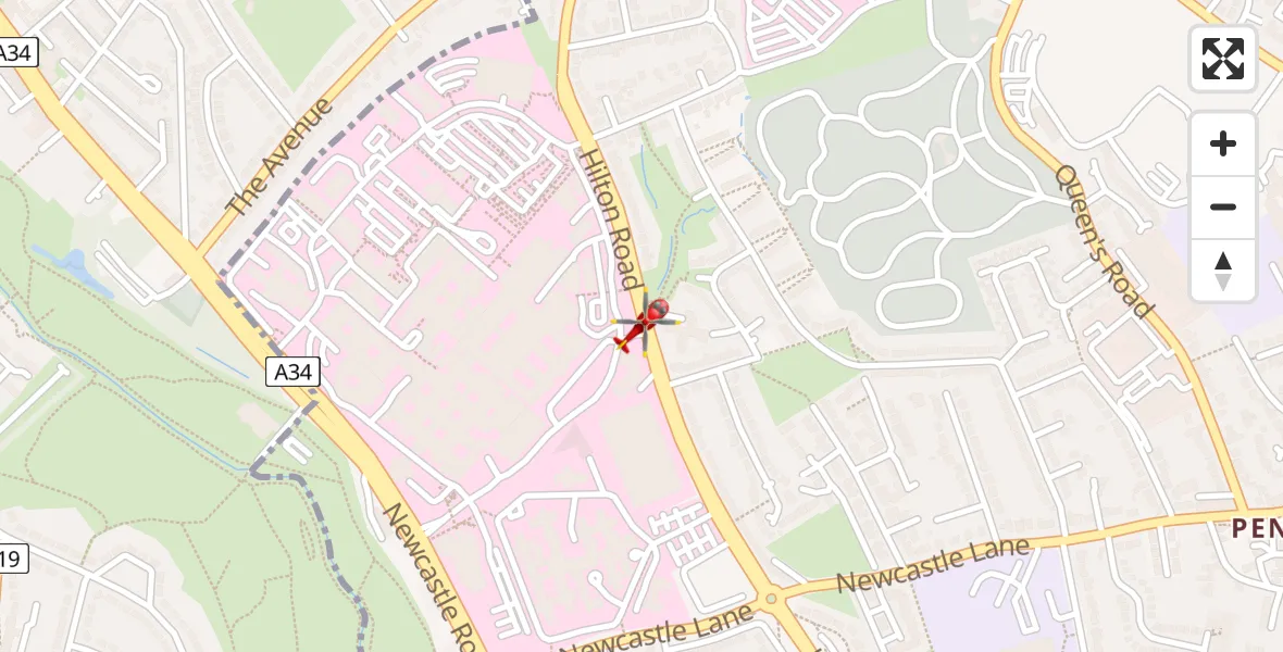 Flight path map showing Air Ambulance Helicopter route from University Hospital North Staffs to University Hospital North Staffs