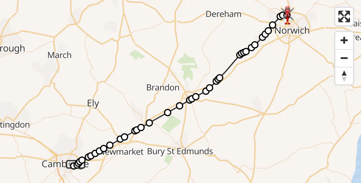 Flight path map showing Air Ambulance Helicopter route from Cambridge City Airport to Norwich Airport
