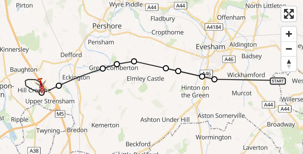 Flight path map showing Air Ambulance Helicopter route from Willersey to Hill Croome
