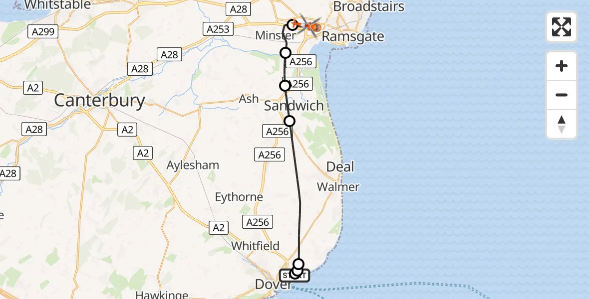 Flight path map showing Coastguard Helicopter route from Langdon Battery Heliport to Manston Airport