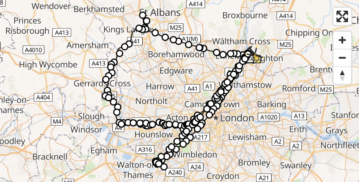 Flight path map showing Police Helicopter route from Sewardstonebury to Epping Forest