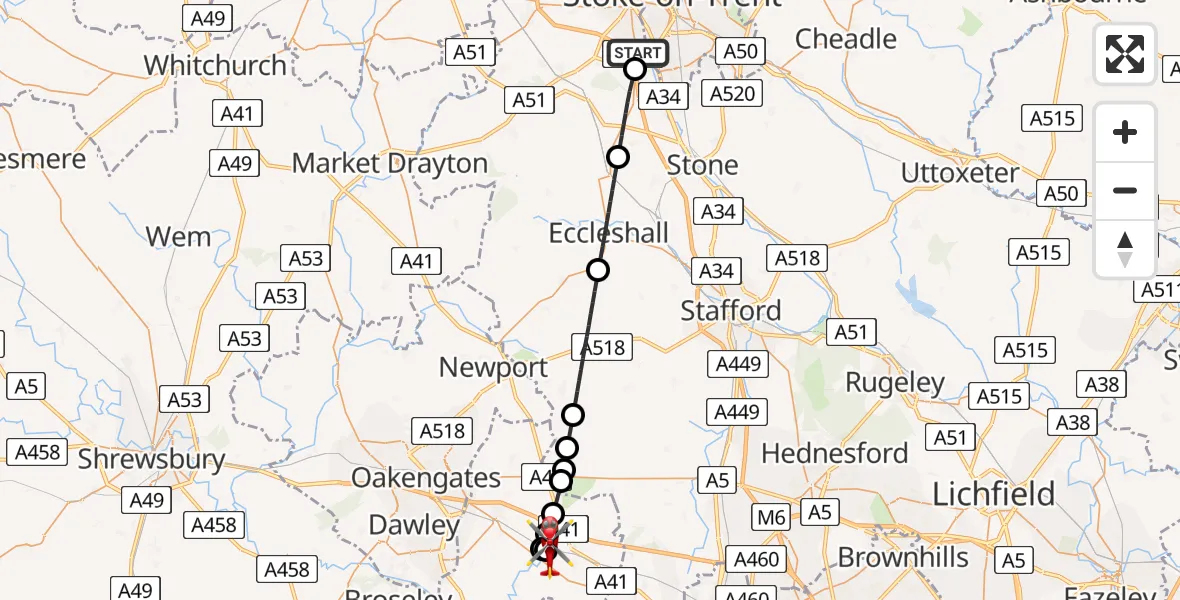 Flight path map showing Air Ambulance Helicopter route from Stafford to Cosford