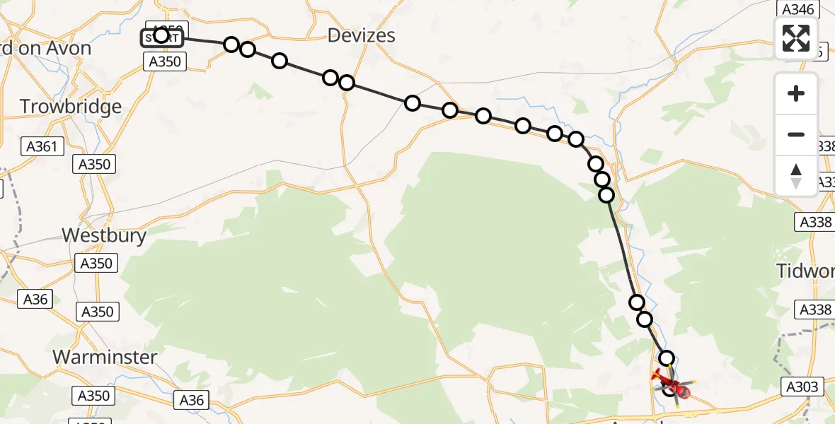 Flight path map showing Air Ambulance Helicopter route from Wiltshire Air Ambulance to Bulford