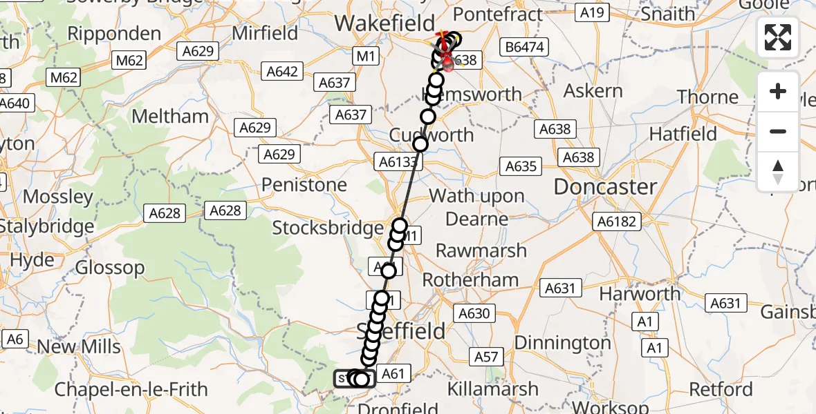 Flight path map showing Air Ambulance Helicopter route from Dore to YAA Nostell Helicopter Port
