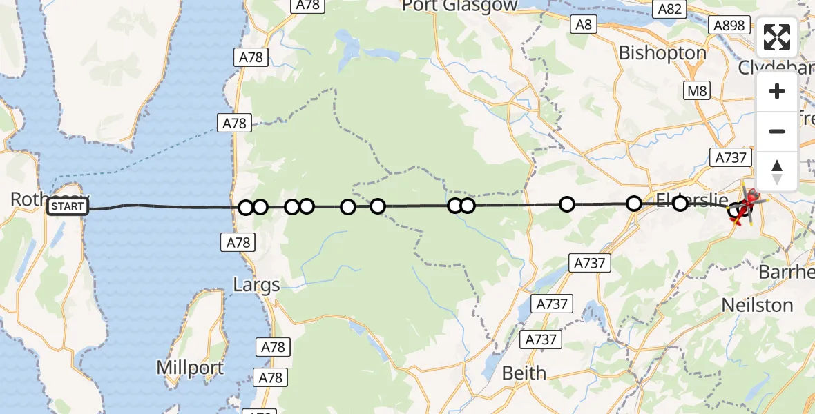 Flight path map showing Air Ambulance Helicopter route from Inner Seas to Royal Alexandria Hospital Paisley